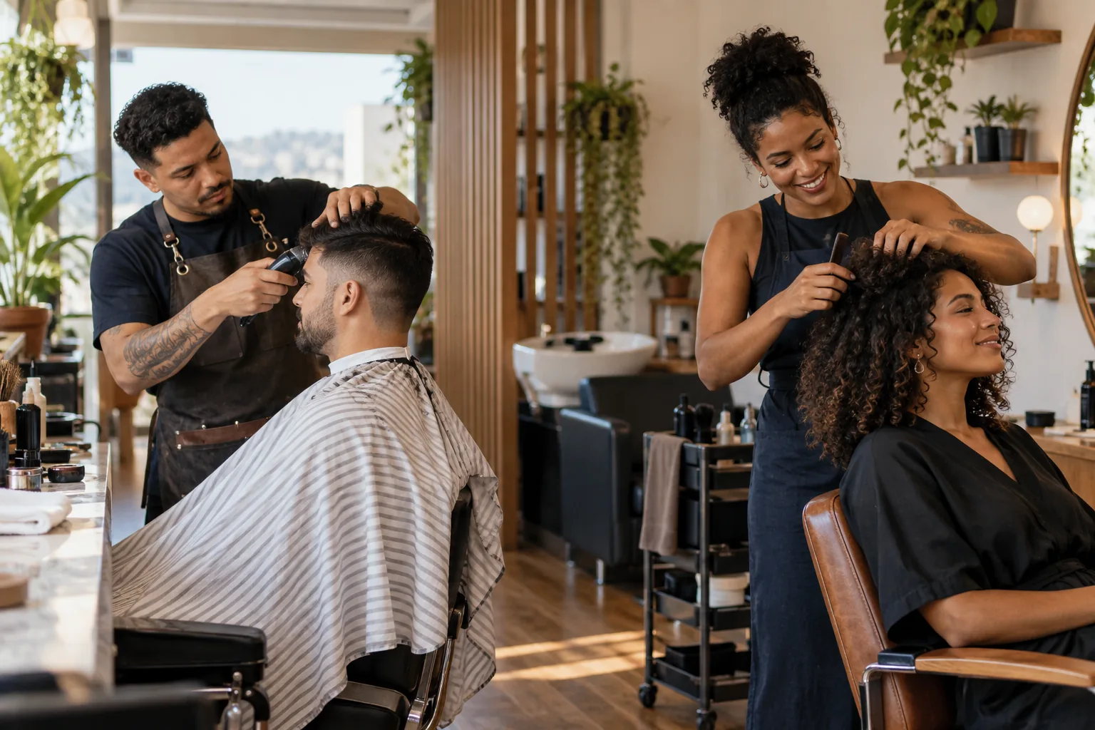 Cena editorial ilustrativa: barbeiro corta o cabelo de um cliente enquanto profissional cuida de cabelos cacheados